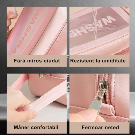 Set 3 genti cosmetice VarioShop®, ideale pentru calatorii, impermeabile, portabile, cu fermoar si maner, design elegant, dimensiuni diferite, Roz [4]