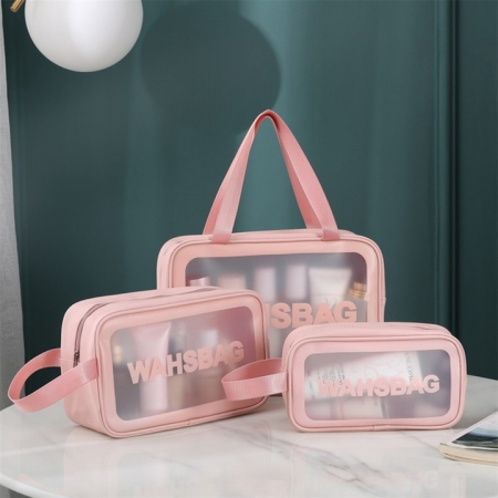 Set 3 genti cosmetice VarioShop®, ideale pentru calatorii, impermeabile, portabile, cu fermoar si maner, design elegant, dimensiuni diferite, Roz [1]