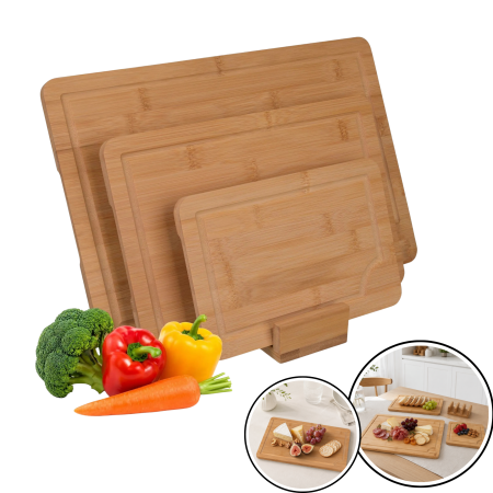 Cutite, curatatoare si feliatoare - Set 3 tocatoare din bambus VarioShop® sau platouri de servire, pentru carne, legume si fructe, cu manere laterale, suport de depozitare, caneluri si utilizare fata-verso, maro