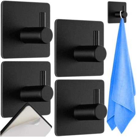 Covorase baie - Set 4 carlige pentru prosoape VarioShop®, din metal, stil loft, montaj fara gaurire cu banda adeziva rezistenta la umiditate, suport prosoape baie 3 kg, otel inoxidabil, 4.5x4.5 cm, Negru