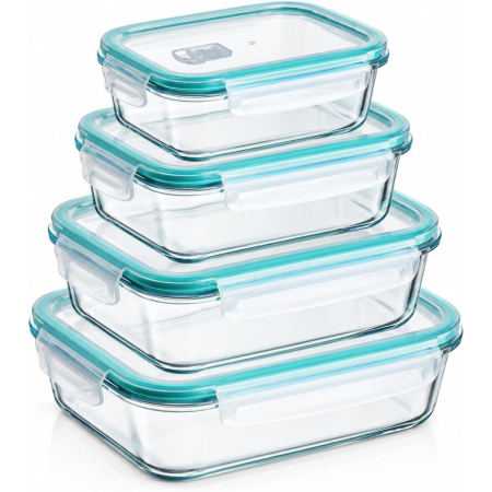 Caserole și recipiente pentru alimente - Set 4 caserole din sticla VarioShop®, cu capace etanse, rezistente la caldura, pentru frigider, congelator si cuptor, 370/640/1000/1500 ml, transparente