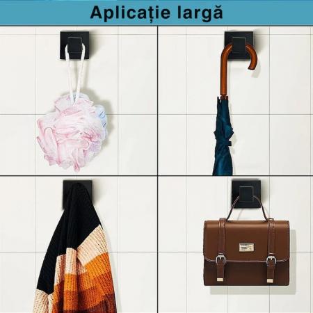 Set 4 cuiere autoadezive VarioShop®, utilizare universala, montare rapida, rezistenta 5 kg, 55 x 55 mm, aluminiu, Negru [3]