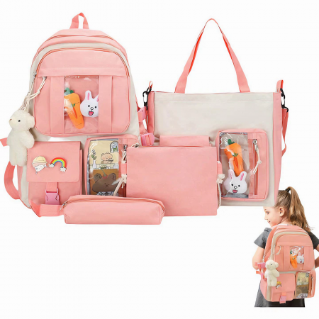 Set 4 in 1 pentru scoala VarioShop®, ghiozdan, penar, sacosa cu manere, geanta cosmetice, 2 brelocuri incluse model vacuta si ursulet, lacatu cu cifru, rezistent la apa, Roz, 41x 28 x 14 cm [26]