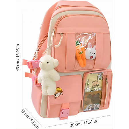 Set 4 in 1 pentru scoala VarioShop®, ghiozdan, penar, sacosa cu manere, geanta cosmetice, 2 brelocuri incluse model vacuta si ursulet, lacatu cu cifru, rezistent la apa, Roz, 41x 28 x 14 cm [18]