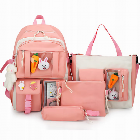 Copii - Set 4 in 1 pentru scoala VarioShop®, ghiozdan, penar, sacosa cu manere, geanta cosmetice, 2 brelocuri incluse model vacuta si ursulet, lacatu cu cifru, rezistent la apa, Roz, 41x 28 x 14 cm