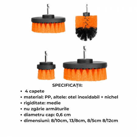 Set 4 perii de Curatare VarioShop® pentru Bormasina, Ideal pentru covoare, anvelope auto, Diferite dimensiuni, Culoare portocaliu [1]