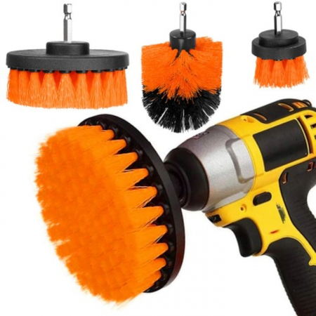Seturi si accesorii pentru gaurit si insurubat - Set 4 perii de Curatare VarioShop® pentru Bormasina, Ideal pentru covoare, anvelope auto, Diferite dimensiuni, Culoare portocaliu