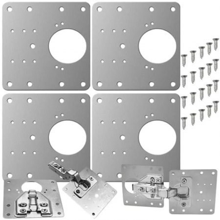 Feronerie si accesorii mobila - Set 4 Placi de Fixare pentru Repararea Balamalelor VarioShop®, Utilizare Universala, Usor de Montat, 24 Suruburi Incluse, Otel Inoxidabil, 9 x 9 cm, Argintiu