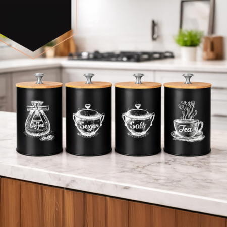 Rafturi si organizatoare bucatarie - Set 4 recipiente alimentare VarioShop®, capacitate 1.5 L, otel/bambus, pentru cafea, ceai, zahar, sare, design modern, negru