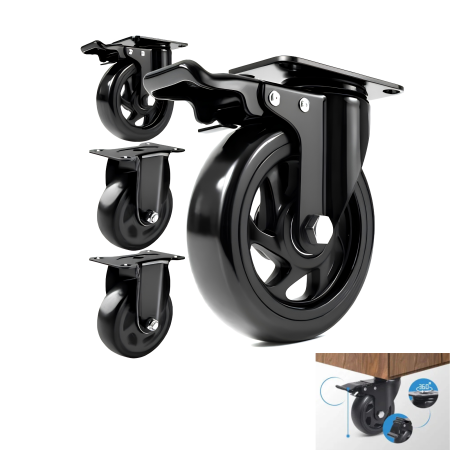 Accesorii mese si scaune - Set 4 roti pentru mobila VarioShop®, utilizare la carucioare si structuri mobile, rotatie 360°, frana pe 2 roti, capacitate 100 kg/bucata, diametru 100 mm, negru