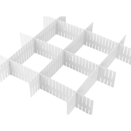 Set 4 separatoare organizatoare sertare VarioShop®, divizoare reglabile pentru dulap, comoda sau birou, 39 segmente, 47 x 7 cm, Alb