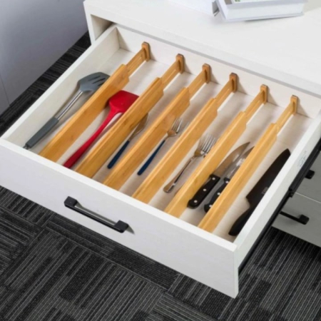 Curatenie, Organizare si Depozitare - Set 4 separatoare sertar din bambus VarioShop®, organizatoare reglabile, ecologice si durabile, potrivite pentru bucatarie, birou, baie sau dressing, mecanism cu arc, montaj fara unelte, 56x6x1.5 cm