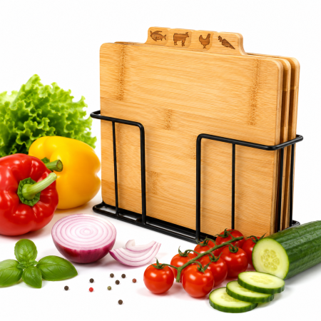 Cutite, curatatoare si feliatoare - Set 4 tocatoare VarioShop®, pentru taiere si servire alimente, din bambus, cu marcaje dedicate si suport metalic, 28 x 20 x 1,2 cm, natur