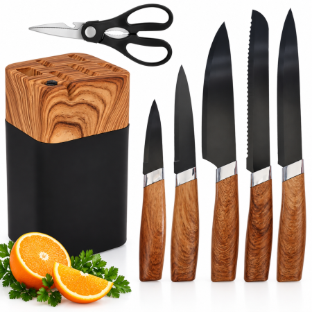 Cutite, curatatoare si feliatoare - Set 5 cutite bucatarie VarioShop®, pentru feliere, tocare si curatare legume, manere ergonomice, foarfeca inclusa, suport din lemn natural