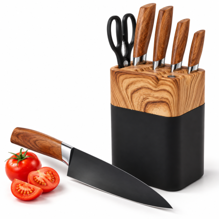 Cutite, curatatoare si feliatoare - Set 5 cutite bucatarie VarioShop, pentru feliere, tocare si curatare legume, manere ergonomice, lame din otel, foarfeca inclusa, suport din lemn natural