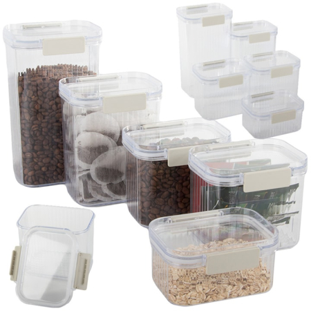 Curatenie, Organizare si Depozitare - Set 5 recipiente cu etans, VarioShop®, din plastic cu clema si garnitura din silicon, pentru depozitare alimente, diverse dimensiuni, Transparent