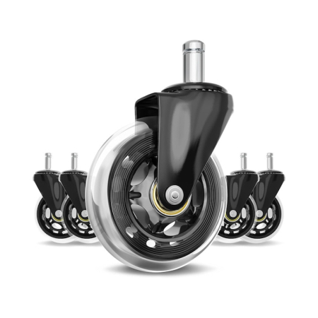 Set 5 roti din silicon moale pentru scaune de birou VarioShop®, silentioase, rezistente, protejeaza podeaua, cu rulmenti de inalta calitate, diametru tija 11 mm, Negru