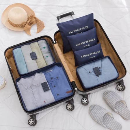Set 6 organizatoare pentru calatorie VarioShop®, diferite dimensiuni, manere pentru transport, plaibile, versatile, fermoare durabile, tesatura/plasa, Albastru [1]