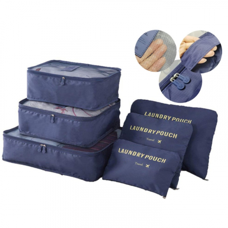 Set 6 organizatoare pentru calatorie VarioShop®, diferite dimensiuni, manere pentru transport, plaibile, versatile, fermoare durabile, tesatura/plasa, Albastru [9]