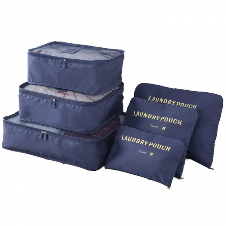 Curatenie, Organizare si Depozitare - Set 6 organizatoare pentru calatorie VarioShop®, diferite dimensiuni, manere pentru transport, plaibile, versatile, fermoare durabile, tesatura/plasa, Albastru