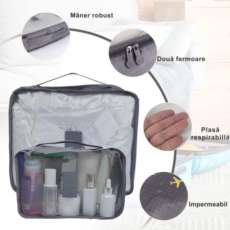 Set 6 organizatoare pentru calatorie VarioShop®, diferite dimensiuni, manere pentru transport, plaibile, versatile, fermoare durabile, tesatura/plasa, Gri [2]