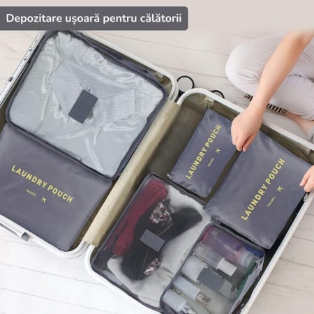 Set 6 organizatoare pentru calatorie VarioShop®, diferite dimensiuni, manere pentru transport, plaibile, versatile, fermoare durabile, tesatura/plasa, Gri [1]