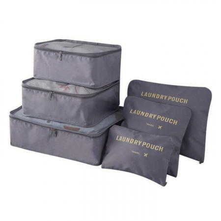 Curatenie, Organizare si Depozitare - Set 6 organizatoare pentru calatorie VarioShop®, diferite dimensiuni, manere pentru transport, plaibile, versatile, fermoare durabile, tesatura/plasa, Gri