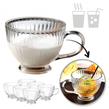 Termosuri, cani si sticle - Set 6 cani din sticlă borosilicată 380 ml, model striat (riflat), pentru cafea, cappuccino și băuturi