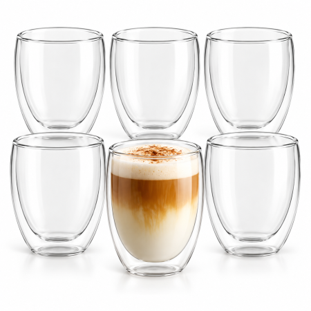 Set 6 pahare termoizolante VarioShop, pentru cafea, ceai si bauturi reci, perete dublu, fara maner, sticla borosilicata, 350 ml, transparente