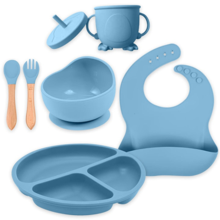 Articole hranire bebelusi - Set 7 piese hranire bebelusi si copii VarioShop ®, set de diversificare din silicon fara BPA, fara alergeni, bol, cana, lingurita, furculita, bavetica, Albastru