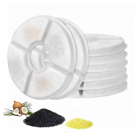 Petshop - Set 8 Filtre Rezerva VarioShop® pentru dispenser apa, tip adapator fantana pentru pisici si caini, purificare, carbon activ, ionizare, model rotund, dimensiune 12.5 cm, alb