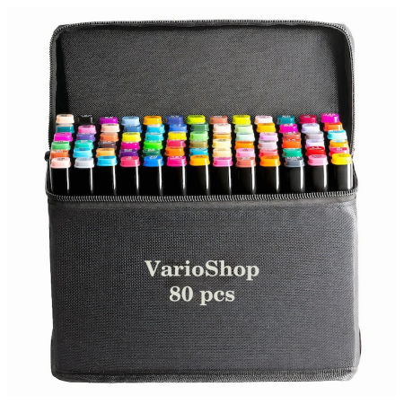 Markere - Set 80 markere duble VarioShop®, Culori Intense, 2 capete subtire si gros, geanta depozitare, cerneala pe baza de alcool, varf dublu, Multicolor