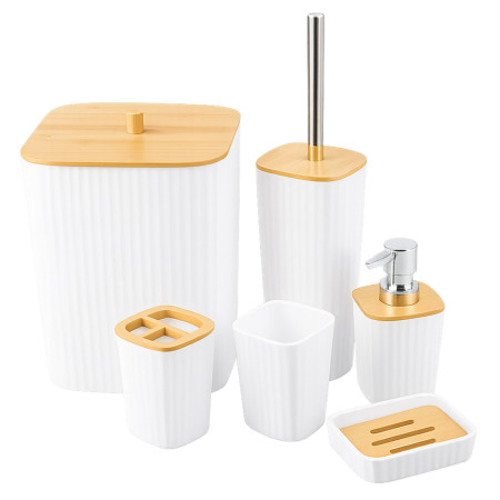 Suporturi si accesorii baie - Set accesorii baie 6 piese VarioShop®, pentru organizare baie, cos gunoi, dozator sapun, pahar apa de gura, suport periute, sapuniera si perie WC, alb