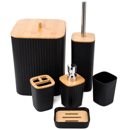 Suporturi si accesorii baie - Set accesorii baie 6 piese VarioShop®, pentru organizare baie, cos gunoi, dozator sapun, pahar apa de gura, suport periute, sapuniera si perie WC, negru