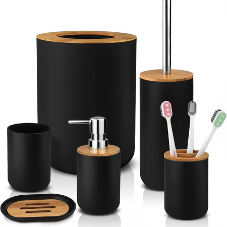 Set Accesorii Baie VarioShop®, 6 Piese: Cos de gunoi, Dozator de sapun lichid, Pahar pentru periuta de dinti, Sapuniera, Perie WC cu suport, Pahar, Material plastic si bambus, Culoare negru [26]