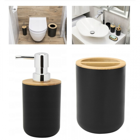 Set Accesorii Baie VarioShop®, 6 Piese: Cos de gunoi, Dozator de sapun lichid, Pahar pentru periuta de dinti, Sapuniera, Perie WC cu suport, Pahar, Material plastic si bambus, Culoare negru [14]