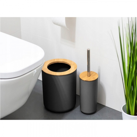 Set Accesorii Baie VarioShop®, 6 Piese: Cos de gunoi, Dozator de sapun lichid, Pahar pentru periuta de dinti, Sapuniera, Perie WC cu suport, Pahar, Material plastic si bambus, Culoare negru [8]