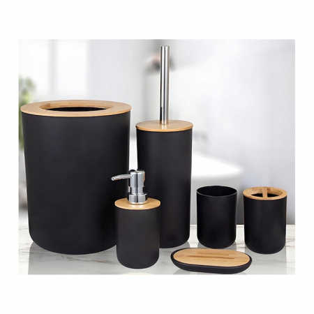 Set Accesorii Baie VarioShop®, 6 Piese: Cos de gunoi, Dozator de sapun lichid, Pahar pentru periuta de dinti, Sapuniera, Perie WC cu suport, Pahar, Material plastic si bambus, Culoare negru [16]