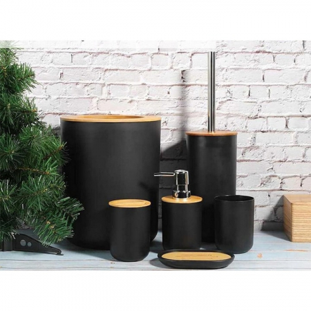 Set Accesorii Baie VarioShop®, 6 Piese: Cos de gunoi, Dozator de sapun lichid, Pahar pentru periuta de dinti, Sapuniera, Perie WC cu suport, Pahar, Material plastic si bambus, Culoare negru [9]