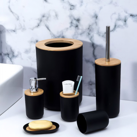 Set Accesorii Baie VarioShop®, 6 Piese: Cos de gunoi, Dozator de sapun lichid, Pahar pentru periuta de dinti, Sapuniera, Perie WC cu suport, Pahar, Material plastic si bambus, Culoare negru [4]