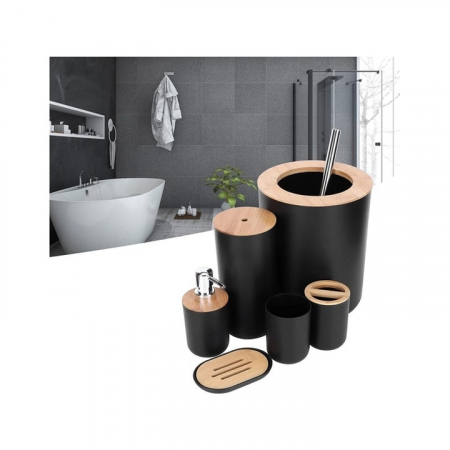 Set Accesorii Baie VarioShop®, 6 Piese: Cos de gunoi, Dozator de sapun lichid, Pahar pentru periuta de dinti, Sapuniera, Perie WC cu suport, Pahar, Material plastic si bambus, Culoare negru [30]