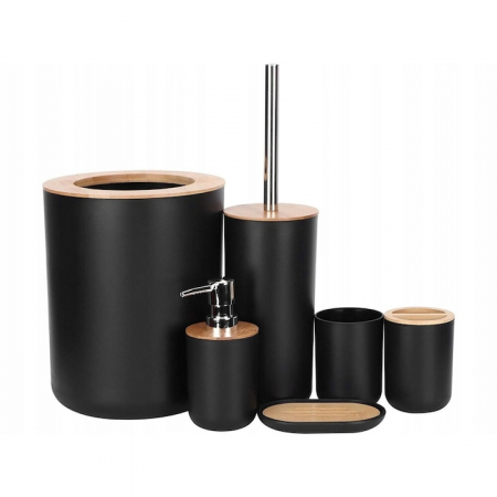 Baie - Set Accesorii Baie VarioShop®, 6 Piese: Cos de gunoi, Dozator de sapun lichid, Pahar pentru periuta de dinti, Sapuniera, Perie WC cu suport, Pahar, Material plastic si bambus, Culoare negru