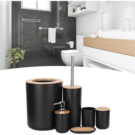 Set Accesorii Baie VarioShop®, 6 Piese: Cos de gunoi, Dozator de sapun lichid, Pahar pentru periuta de dinti, Sapuniera, Perie WC cu suport, Pahar, Material plastic si bambus, Culoare negru [10]