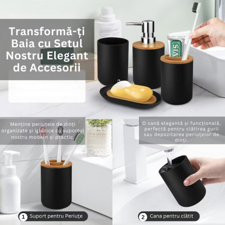 Set Accesorii Baie VarioShop®, 6 Piese: Cos de gunoi, Dozator de sapun lichid, Pahar pentru periuta de dinti, Sapuniera, Perie WC cu suport, Pahar, Material plastic si bambus, Culoare negru [25]