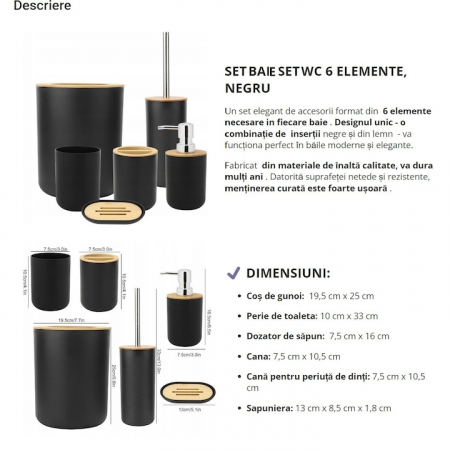 Set Accesorii Baie VarioShop®, 6 Piese: Cos de gunoi, Dozator de sapun lichid, Pahar pentru periuta de dinti, Sapuniera, Perie WC cu suport, Pahar, Material plastic si bambus, Culoare negru [3]