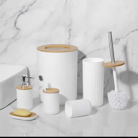 Baie - Set accesorii baie VarioShop®, 6 piese, pentru organizare, cu dozator săpun, săpunieră, perie WC și coș gunoi, PP, ABS, bambus, alb/maro