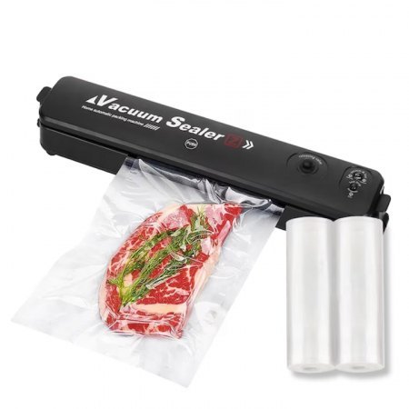 Aparate de vidat - Set aparat de sigilat si vidat si 2 role pungi vidare VarioShop®, usor de utilizat, potrivit pentru carne, legume, fructe, 220V, 90W, 28 x 300 cm, Negru/Transparent