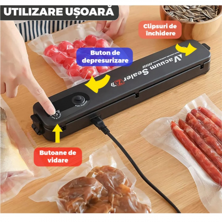 Set aparat de sigilat si vidat VarioShop®, cu 1 rola de vidat, usor de utilizat, potrivit pentru carne, legume, fructe, 220V, 90W, 28 x 300 cm, Negru/Transparent [15]