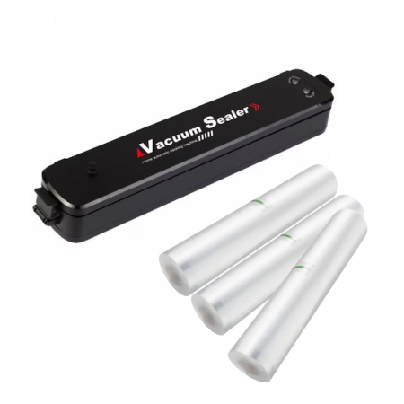 Aparate de vidat - Set aparat de sigilat si vidat si 3 role pungi vidare VarioShop®, usor de utilizat, potrivit pentru carne, legume, fructe, 220V, 90W, 28 x 300 cm, Negru/Transparent