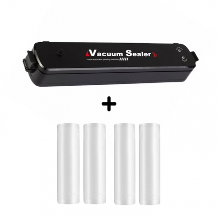 Aparate de vidat - Set aparat de sigilat si vidat si 3 role pungi vidare VarioShop®, usor de utilizat, potrivit pentru carne, legume, fructe, 220V, 90W, 28 x 300 cm, Negru/Transparent